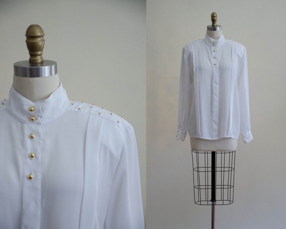 white high collar blouse | gold studded blouse