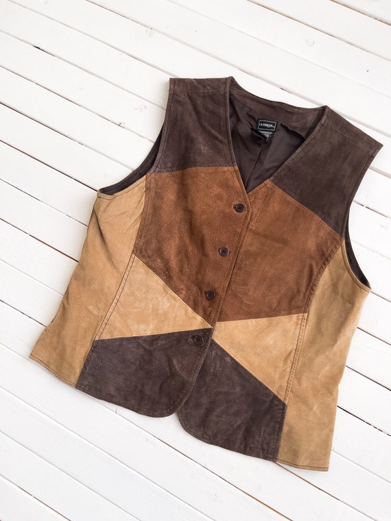 patchwork leather vest 90s vintage brown tan suede wa… Gem