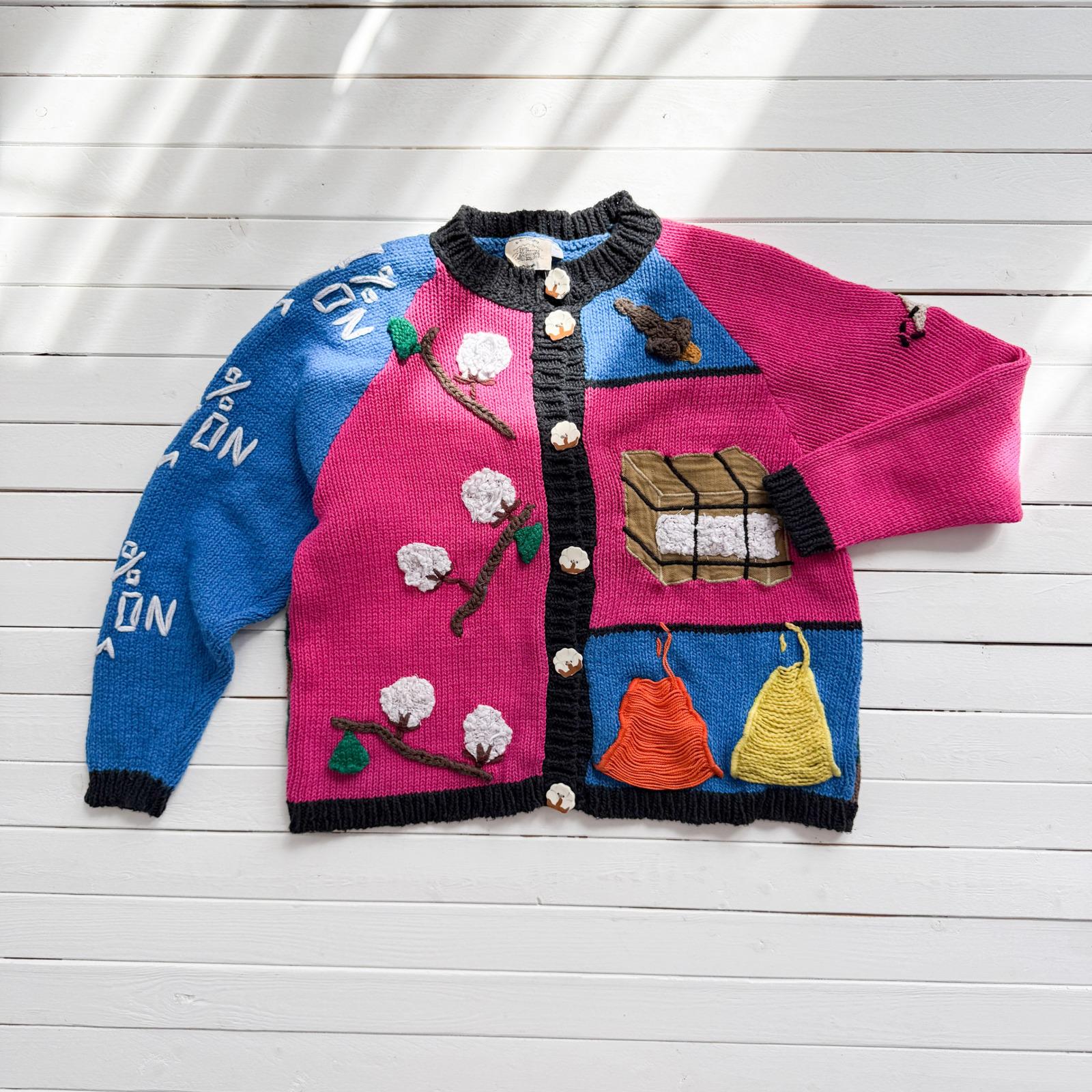SG Morris Vtg Cotton Farm Pink Blue Embroidered Cardigan Sweater
