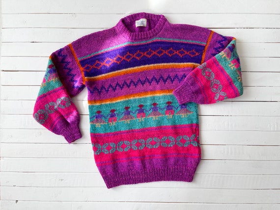 embroidered sweater | 80s 90s vintage pink purple… - image 1