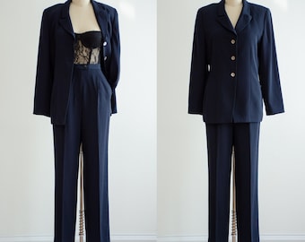 navy blue suit 90s vintage dark blue pantsuit