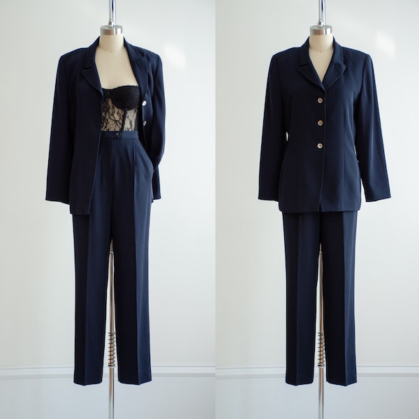 navy blue suit 90s vintage dark blue pantsuit