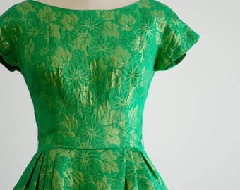 Green Brocade Dress 50s 60s Vintage Miss Brooks Metallic