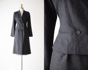 tweed wool suit | 70s vintage Peabody House charcoal gray wool dark academia style skirt suit