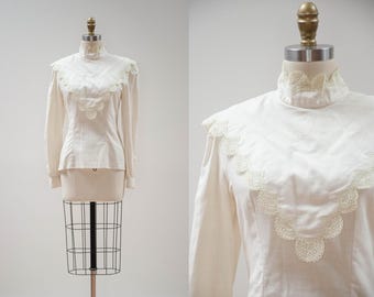 Edwardian style blouse 70s 80s vtg linen cotton lace collar cottagecore blouse