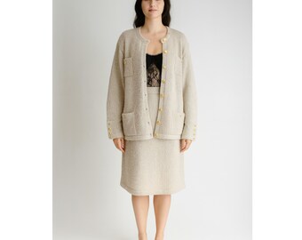 vtg Tanner beige boucle knit skirt cardigan suit 2 piece set 80s