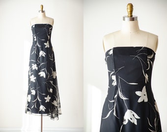 black strapless dress | 90s y2k vintage Jessica McClintock black white floral chiffon high slit flowy floor length gown