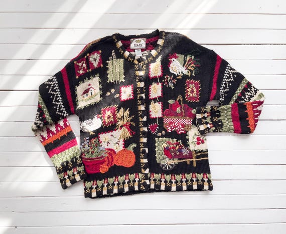 cottagecore sweater 90s vintage black chicken farm hand knit embroidered cardigan