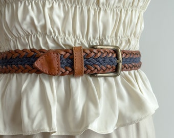 Brown Leather Belt 90s Vintage Fossil Woven Navy Jute Belt  display picture 2