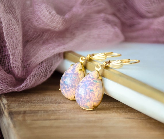 pink fire opal earrings, October birthstone jewelry, bridal bridesmaid  wedding jewelry, Regency Art Deco dangle drop earrings, gift for her