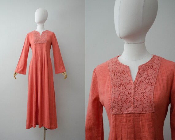 coral peasant dress | bell sleeve dress