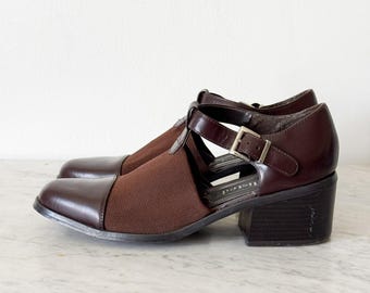 Niewymienione brązowe skórzane buty Kenneth Cole z siateczki na obcasie z paskiem w kształcie litery T, vintage, lata 90., damskie, rozmiar 9