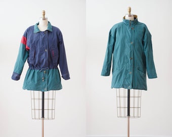 reversible green jacket | 80s 90s vintage unisex men's women's green navy red cotton colorblock utility coat