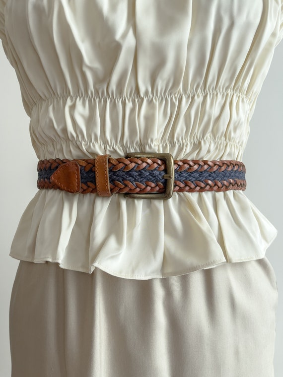 Brown Leather Belt 90s Vintage Fossil Woven Navy Jute Belt  display picture 1