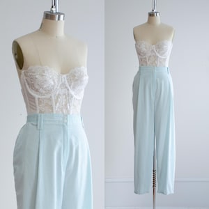 high waisted pants 90s plus size vintage blue white gingham seersucker cotton trousers