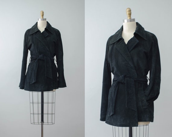 black suede coat | black belted coat