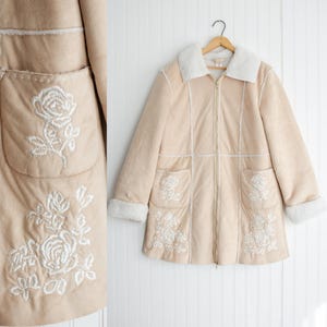 Kunstleder Jacke y2k Vintage Beige Microsuede Sherpa bestickte Boho Jacke