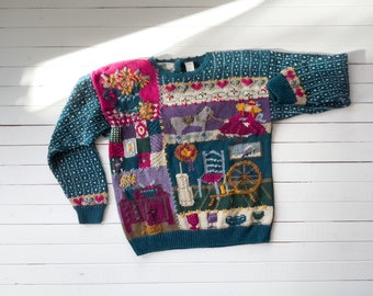 cute cottagecore sweater 80s 90s vintage Orvis antique store novelty granny embroidered sweater