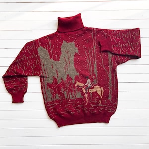 Tricots St. Raphael vtg horse equestrian turtleneck red wool sweater