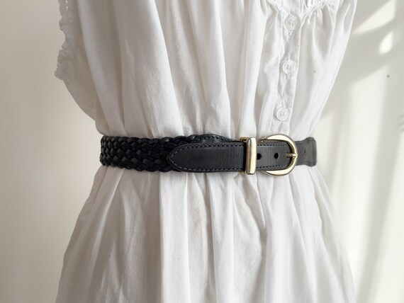 black braided leather belt 90s vintage woven blac… - image 2