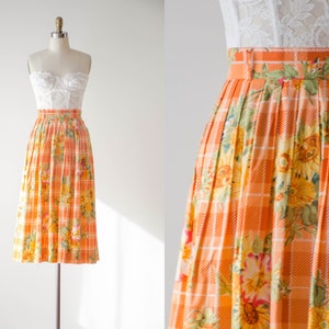 cute cottagecore skirt 80s 90s vintage orange yellow white sunflower plaid cotton midi skirt image 1