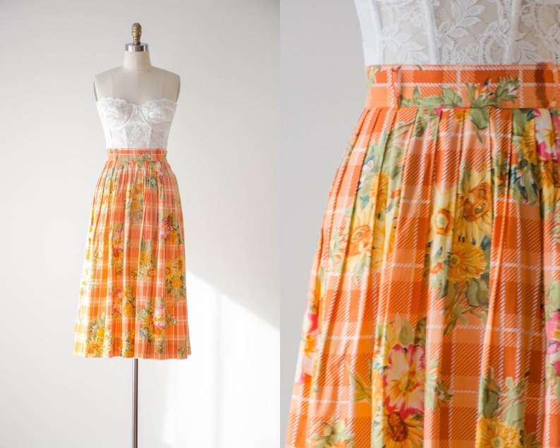 cute cottagecore skirt 80s 90s vintage orange yellow white sunflower plaid cotton midi skirt image 1