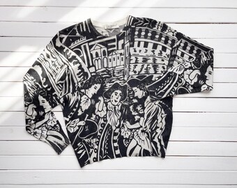 Vtg Carla Barbera Sweater Women M 18th Century Art Woodcut Print Mesh Silvery