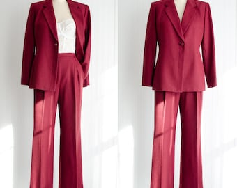 red pants suit 90s y2k vintage red black herringbone bootcut pantsuit