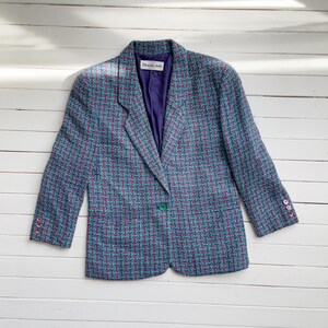 wool jacket 80s vintage rainbow vibrant turquoise blue pink purple blazer