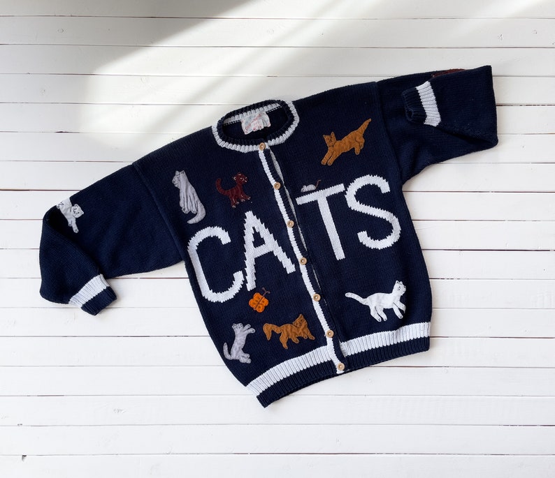 embroidered cat sweater 90s vintage Cotton Salsa navy blue cardigan image 1