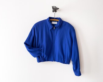 wool bomber jacket | 80s 90s vintage Liz Claiborne bright blue cropped jacket