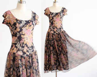 cute cottagecore dress 80s 90s vintage black pink floral rococo chiffon midi dress