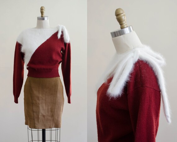 burgundy sweater | fuzzy angora sweater | colorblo