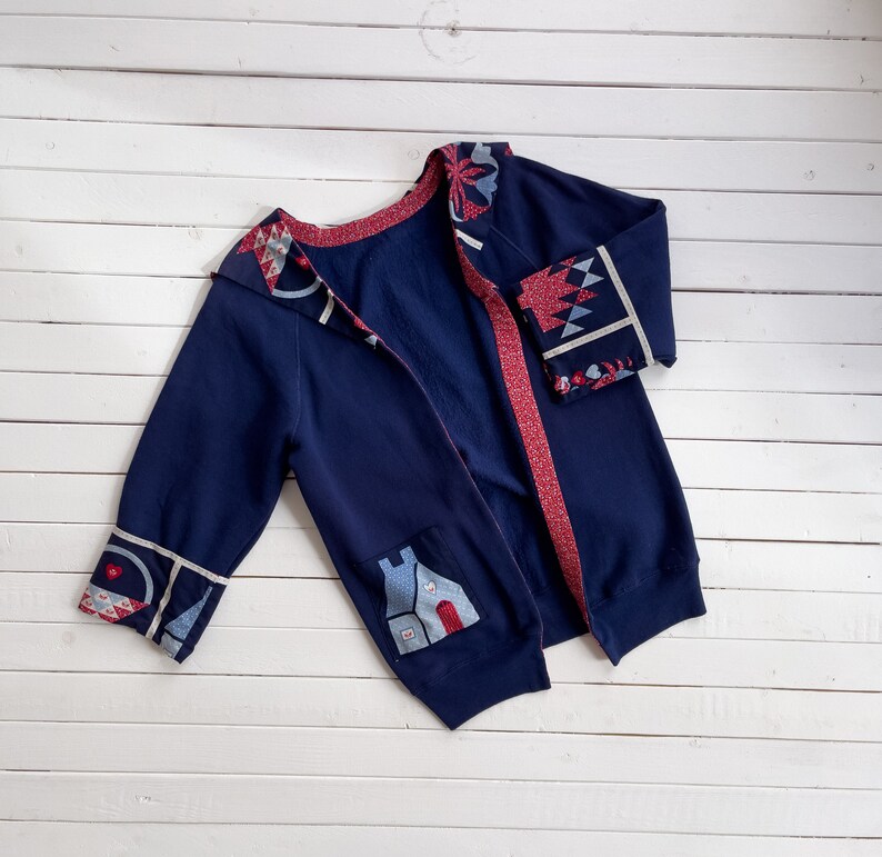 patchwork sweater 80s 90s vintage navy blue red farmhouse folk art cardigan image 2