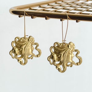 Victorian Art Nouveau earrings, vintage antique brass Mucha earrings, gold female face earrings, cottagecore dark academia handmade jewelry image 5