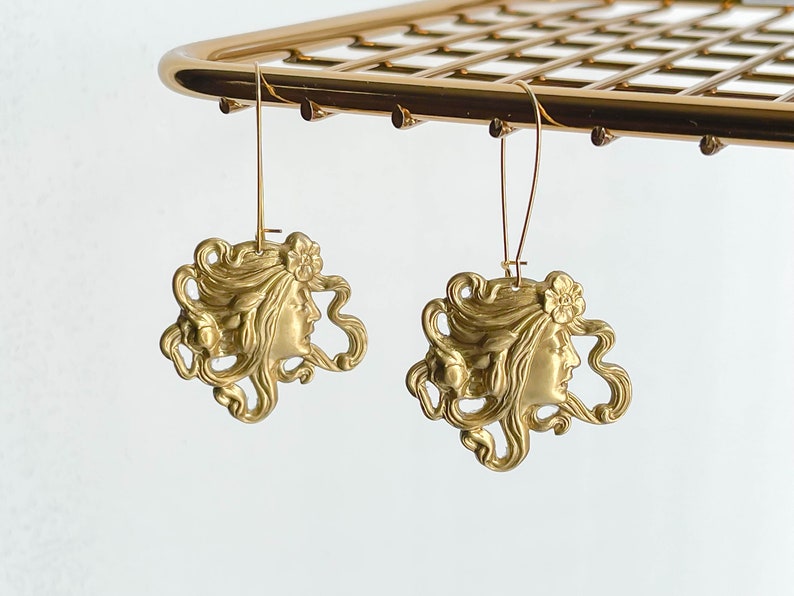 Victorian Art Nouveau earrings, vintage antique brass Mucha earrings, gold female face earrings, cottagecore dark academia handmade jewelry image 5
