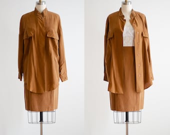 tan silk suit 80s 90s vintage golden brown oversized silk blouse skirt set