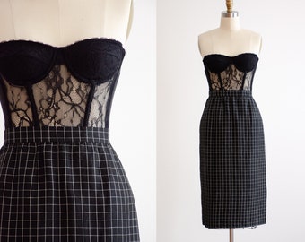 black plaid skirt 80s 90s vintage black white grid pattern linen skirt