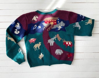 cute cottagecore sweater | 80s 90s vintage SKYR green wool Noah's Ark animal novelty streetwear aesthetic embroidered cardigan