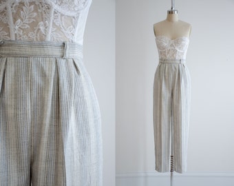 high waisted pants | 80s vintage cream gray blue striped linen style straight leg trousers