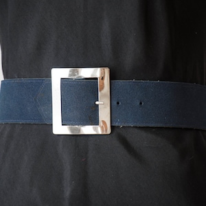 vegan leather belt 90s vintage dark blue academia style wide faux suede waist belt silver buckle image 1