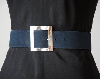 vegan leather belt | 90s vintage dark blue academia style wide faux suede waist belt silver buckle