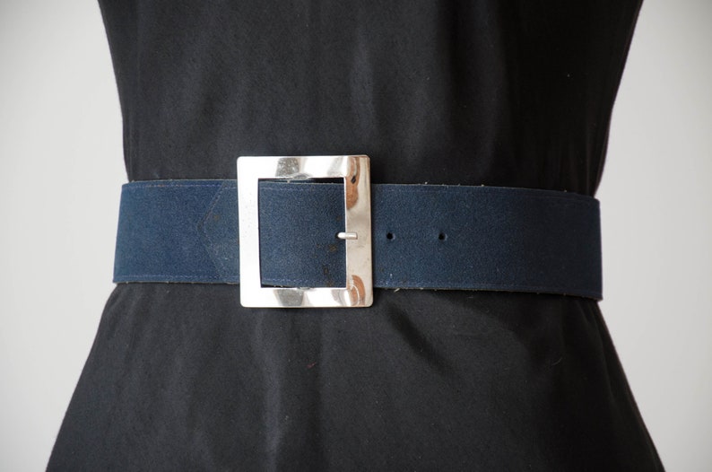 vegan leather belt 90s vintage dark blue academia style wide faux suede waist belt silver buckle image 1