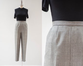 high waisted pants | 80s 90s vintage black white houndstooth checkered plaid dark academia wool trousers