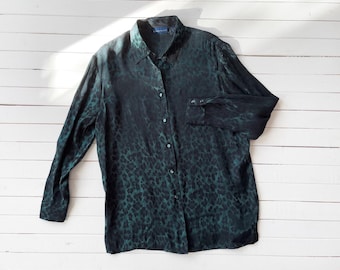 leoparden shirt 90s y2k vintage dunkelgrün schimmerndes irisierendes bluse