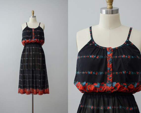 black floral dress | poppy dress | 1970s peasant d