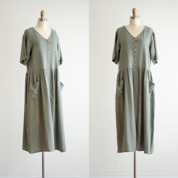 Green Linen Dress 90s Vintage Eddie Bauer Minimalist Loose Oversized Maxi Dress Etsy