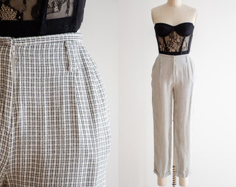 high waisted pants | 90s vintage cream black plaid dark academia cropped ankle trousers