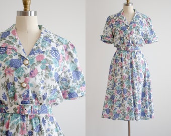 cute cottagecore dress 80s vintage white blue pink floral fit and flare midi dress