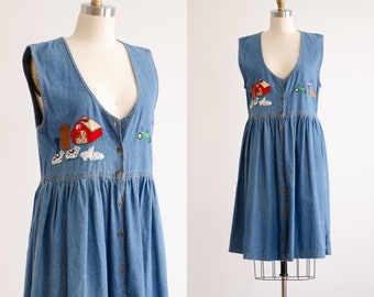 denim pinafore dress 80s 90s vintage farm sheep cow embroidered mini dress